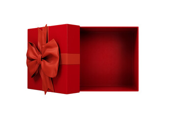 Open christmas gift box with red bow isolated on white background top view. New year holiday present with tie ribbon top view.