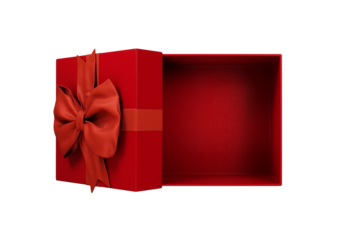 Open christmas gift box with red bow isolated on white background top view. New year holiday present with tie ribbon top view.