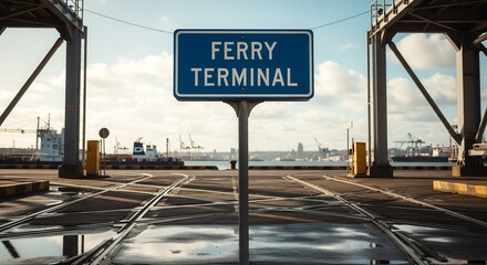 Ferry Terminal Sign Offers Direction Towards Sea Transportation With Harbor Background
