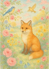 Naklejka premium Whimsical fox in floral meadow