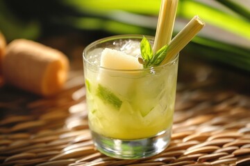 A vibrant tropical drink garnished with fresh mint leaves and slices of lime, served in a tall glass with a straw.
