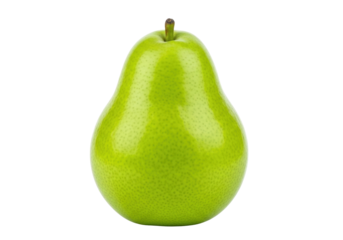 Isolated green pear fruit close-up; a single fruit, smooth skin, with stem, nutrient-rich food, healthy