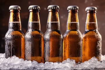 A group of five brown beer bottles with white caps are placed on a bed of ice, suggesting a cold beverage.
