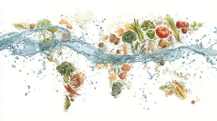 World map made of vegetables and water splash on a white background view