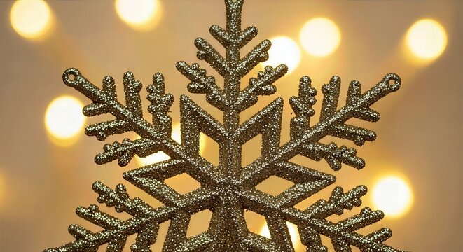 Glittered Snowflake Decoration With Crystalline Sparkle, Shallow Bokeh, and Warm Golden Ambient Light