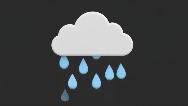 A simple 3D rendered illustration of a white cloud with blue raindrops falling against a dark background, symbolizing rainy weather.