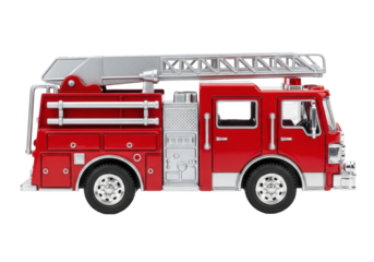 Isolated shiny red toy fire truck side view with ladder on a solid background for fun