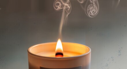 Luxury Candle With Wooden Wick, Festive Container, and Smoke Wisps Against Soft Neutral Background