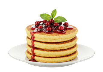 Isolated stack of golden pancakes drizzled with red fruit sauce and garnished with mint leaves