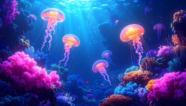 Vivid underwater scene with bioluminescent jellyfish - Powered by Adobe