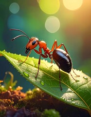 Macro shot of a red and black ant on a wet green leaf