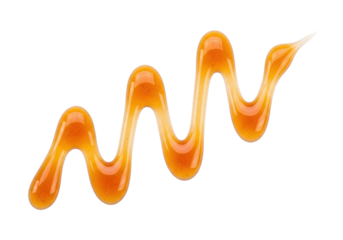 Isolated wavy caramel sauce pattern on surface, delicious sweet dripping topping for desserts