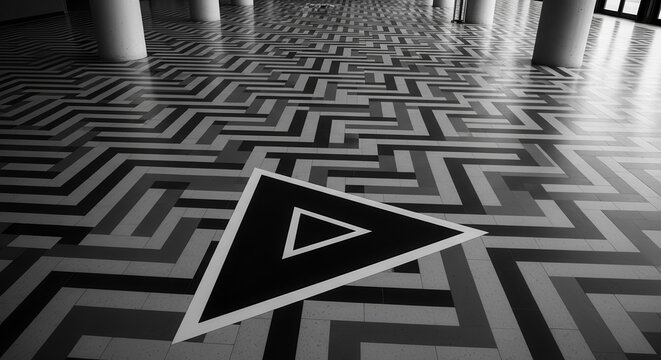 Geometric Floor Design With Triangle Symbol and Columns in Black and White
