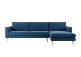 Isolated navy blue sofa with chaise, modern living room furniture, studio shot, indoor