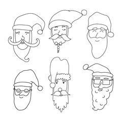Set of hand-drawn Santa heads in different styles. Vector illustration in doodle style. Isolated on white background.