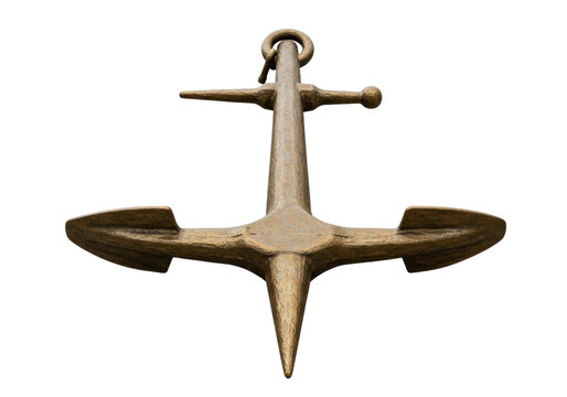 Isolated vintage brown nautical anchor resting in studio, detailed maritime sailing tool