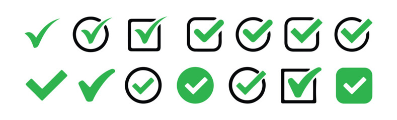 Set of black and green check mark icons approval sign checkbox ok yes complete concept