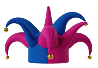 Isolated Jester's hat with bells, blue and pink pointed hat, fancy dress costume, cap, festive accessory