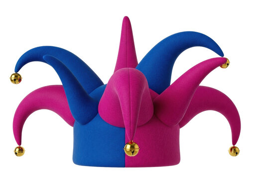 Isolated Jester's hat with bells, blue and pink pointed hat, fancy dress costume, cap, festive accessory