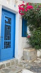 Scenic street in Alonnisos island, Greece, with traditional stone pathways, whitewashed houses, colorful wooden doors, and blooming bougainvillea. Peaceful Mediterranean atmosphere, narrow alleys with