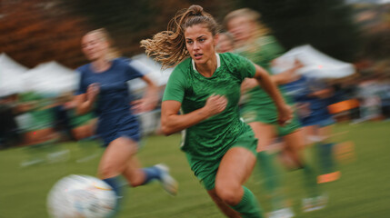 Fast female German soccer runner sprinting past opponents with fierce determination. Concept of speed, competition, athletic performance, sports advertising, emotional intensity on the field.