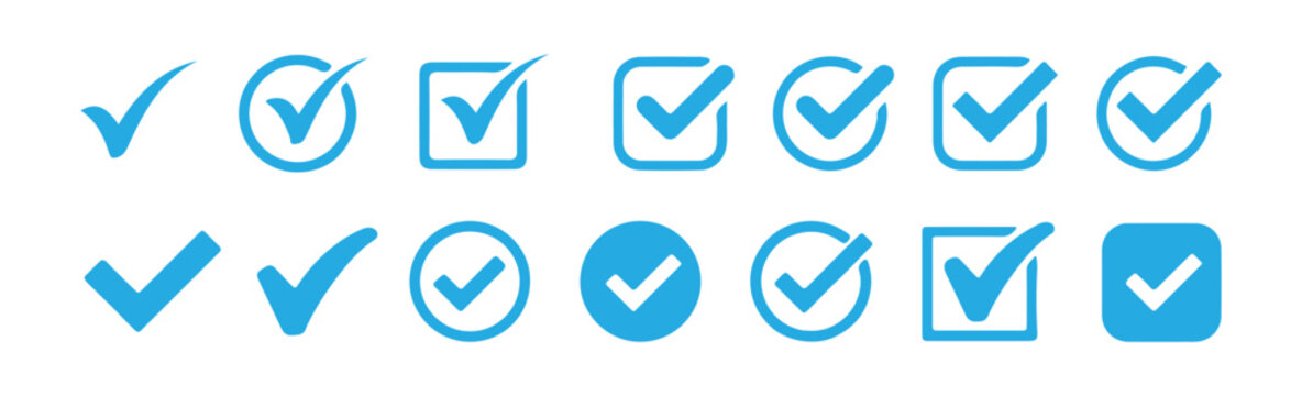 Set of blue check mark icons approval sign checkbox ok yes complete concept