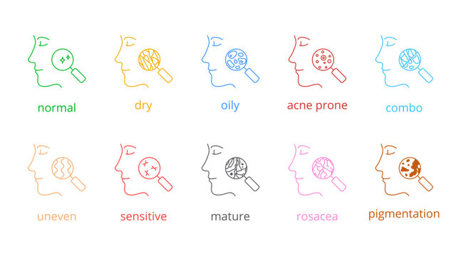 Facial skin types icons set. Line vector, editable stroke