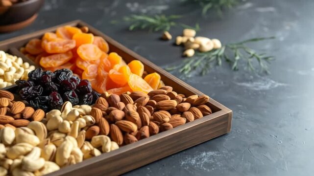 A wooden tray with compartments is filled with various nuts, seeds, and dried fruits for snacking
