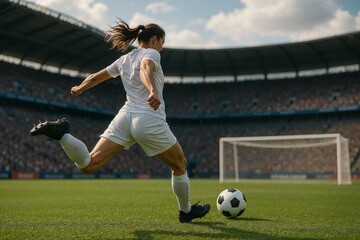 Powerful kick action of Spanish female soccer player striking ball toward goal in stadium. Concept of precision, athletic focus, match intensity, sports performance, and emotional determination.