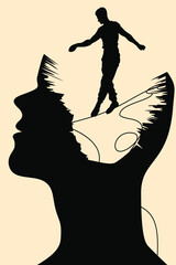 Surreal illustration of a person balancing on a tightrope stretched across a fractured head silhouette, symbolizing mental struggle, inner tension and emotional instability.