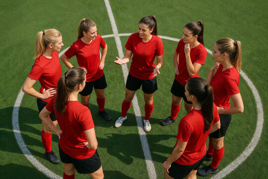 Female German soccer team discussing strategy in center circle before competitive match. Concept of teamwork, leadership, emotional preparation, communication, and shared sports motivation. - Powered by Adobe