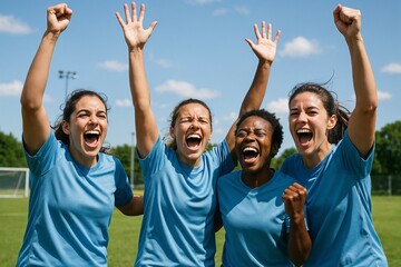 Joyful celebration of English female soccer players cheering with raised hands after win. Concept of team spirit, emotional triumph, motivation, unity, and uplifting sports moments.