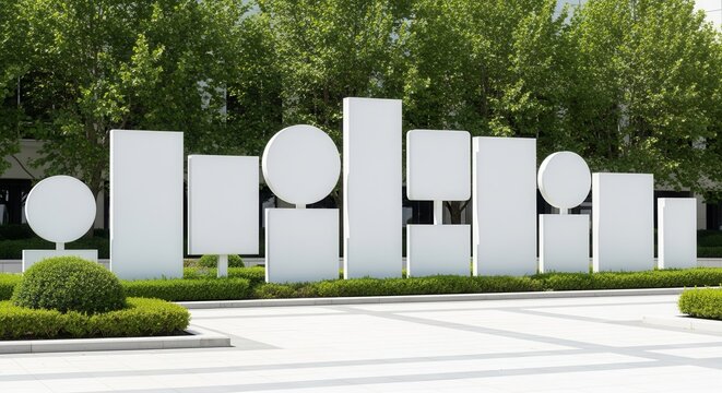 Geometric White Sculptures Amidst Lush Greenery and Modern Architecture Display