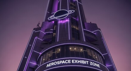 Futuristic Aerospace Exhibit Zone Showcasing Neon Illumination Against Pink Dusk Sky