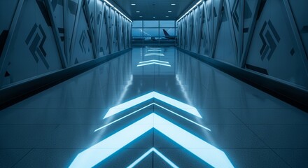 Futuristic Airport Corridor Illuminated With Directional Arrows Leading Toward Gateway