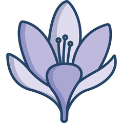 Illustration of a light purple saffron crocus flower with dark blue outlines and yellow stamen on a transparent background