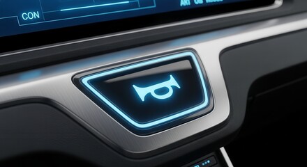 Futuristic Car Interior Featuring Illuminated Horn Button With Metallic Trim Detail