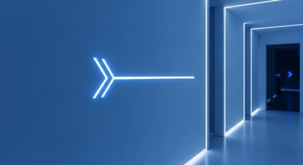 Futuristic Corridor Illuminated With Neon Lights And Directional Arrows Displays Forward Pathway