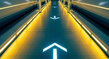 Futuristic Corridor Illuminated With Arrows Creating Directional Movement and Forward Progress