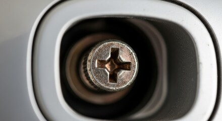 Close up shot of a silver Phillips head screw recessed in a hole for industrial applications