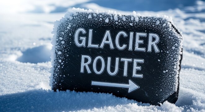 Glacier Route Sign In Snowy Landscape Guide to Direction During Cold Weather