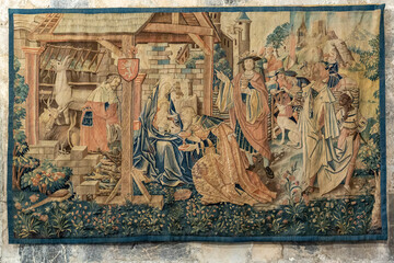 Naklejka premium Flemish tapestry depicting the adoration of the Magi, cathedral of Our Lady of Saint-Bertrand de Comminges, Haute-Garonne, Midi-Pyrénées region, France