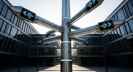 Futuristic Directional Signpost with Arrows Points the Way in a Modern Metropolis