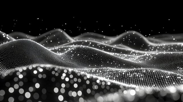 A dynamic, abstract visualization of flowing waves composed of numerous small, bright particles against a dark, starry background.