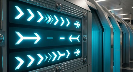 Futuristic Gateway With Directional Arrows Illuminated In A Modern, Sophisticated Design.