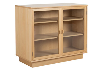 Isolated light wood veneer two-door cabinet, clear glass shelves, modern home furniture