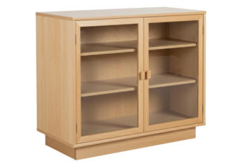 Isolated light wood veneer two-door cabinet, clear glass shelves, modern home furniture