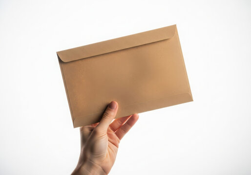 Hand holding a closed brown kraft paper envelope isolated on white background
