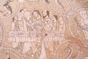 Obraz premium scene from the Passion of Christ, Passion cloak of Saint Bertrand of Comminges, 14th century, embroidered fabric, cathedral of Our Lady , Haute-Garonne,France