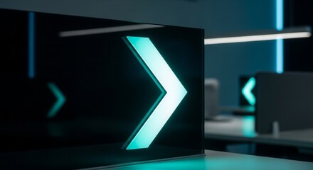 Futuristic Illuminated Arrow Sign Displaying Direction And Guidance In Corporate Setting